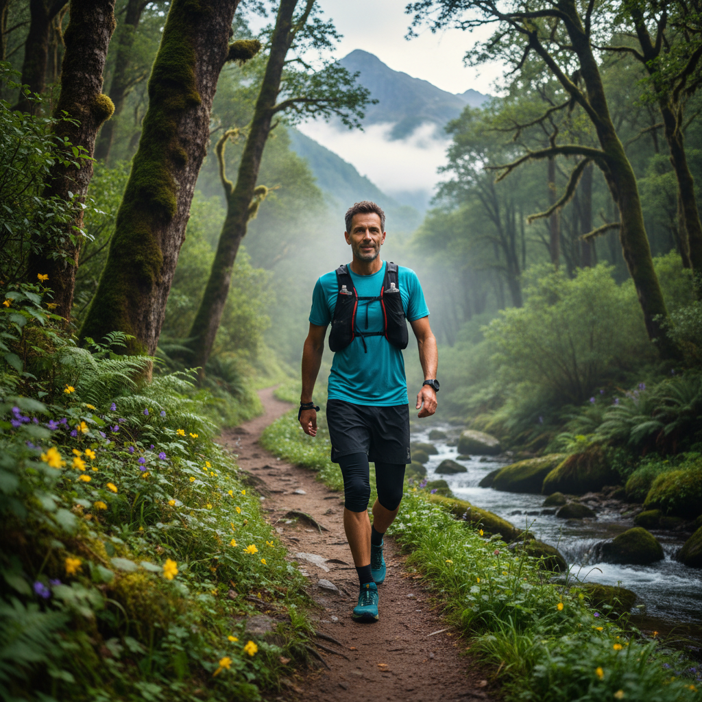 A man walking in a green natural environment representing an active and healthy lifestyle