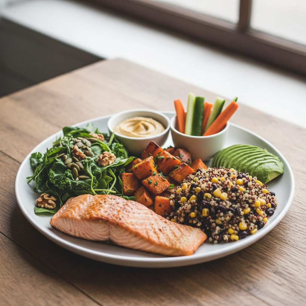 A balanced meal plate showing diverse whole food sources of proteins, carbohydrates, and healthy fats